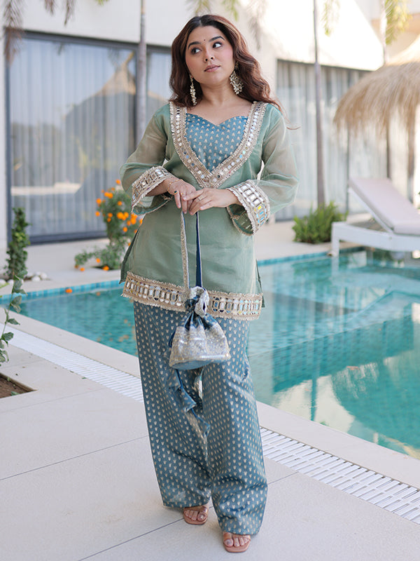 Sky Blue Salasa Fabric Mirror Lace Work Top With Jacquard Pant