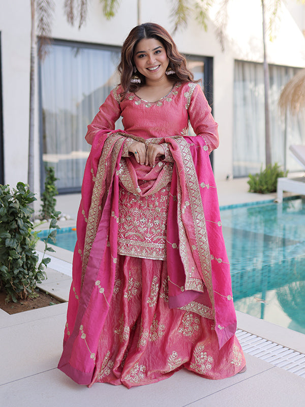 Peach Sequins Embroidered Work Fendi Crush Sharara Suit With Dupatta