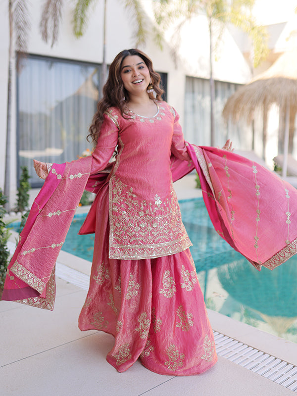 Peach Sequins Embroidered Work Fendi Crush Sharara Suit With Dupatta