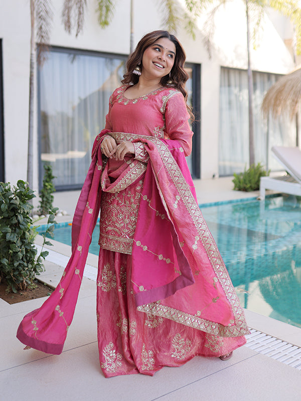 Peach Sequins Embroidered Work Fendi Crush Sharara Suit With Dupatta