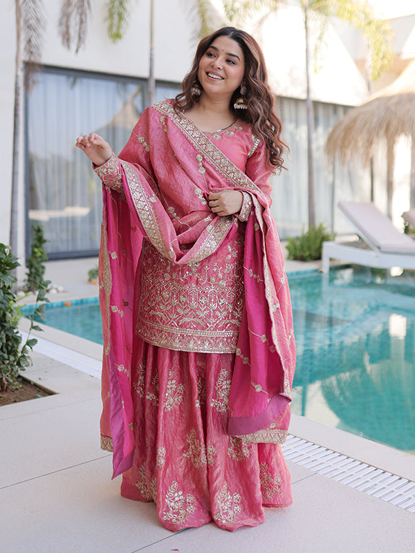 Peach Sequins Embroidered Work Fendi Crush Sharara Suit With Dupatta