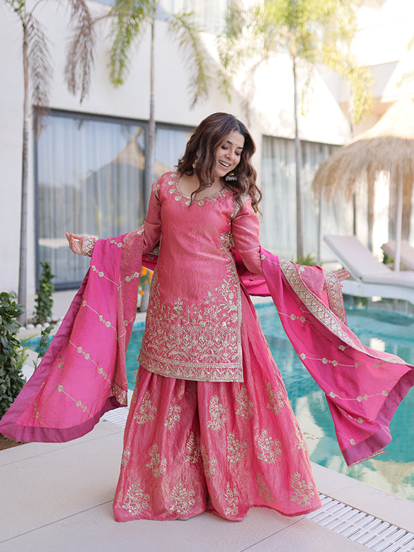 Peach Sequins Embroidered Work Fendi Crush Sharara Suit With Dupatta