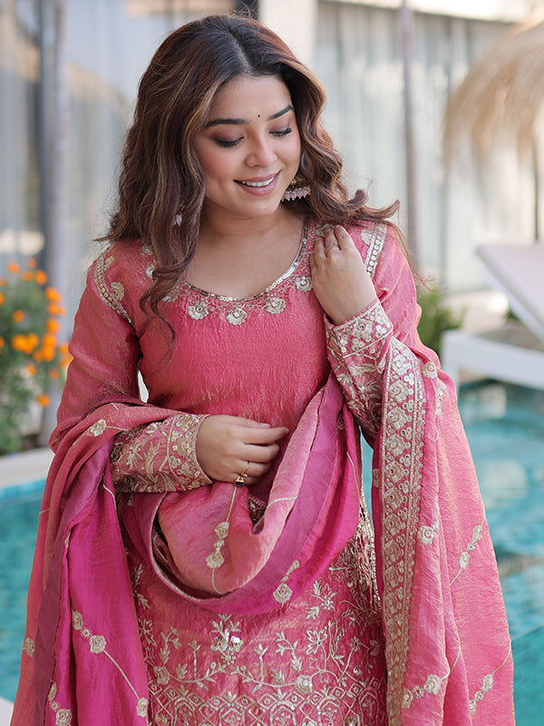 Peach Sequins Embroidered Work Fendi Crush Sharara Suit With Dupatta