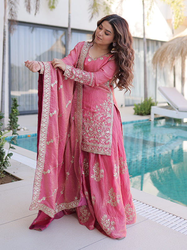 Peach Sequins Embroidered Work Fendi Crush Sharara Suit With Dupatta