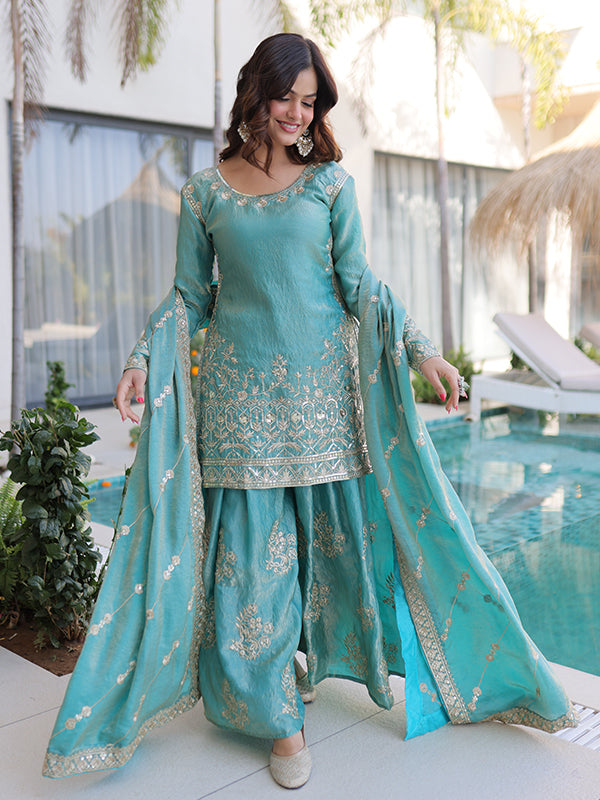 Sky Blue Sequins Embroidered Work Fendi Crush Sharara Suit With Dupatta