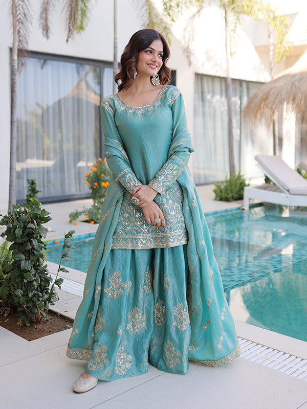 Sky Blue Sequins Embroidered Work Fendi Crush Sharara Suit With Dupatta