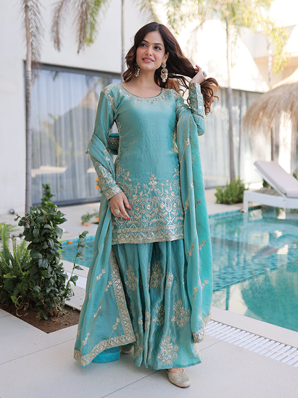Sky Blue Sequins Embroidered Work Fendi Crush Sharara Suit With Dupatta
