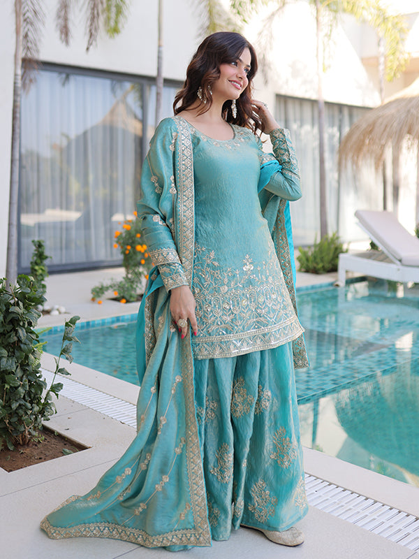 Sky Blue Sequins Embroidered Work Fendi Crush Sharara Suit With Dupatta