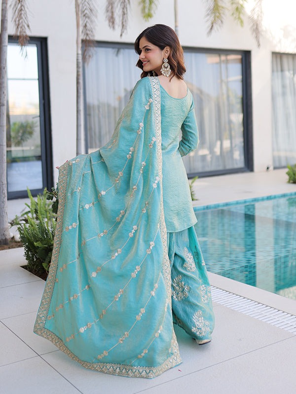 Sky Blue Sequins Embroidered Work Fendi Crush Sharara Suit With Dupatta