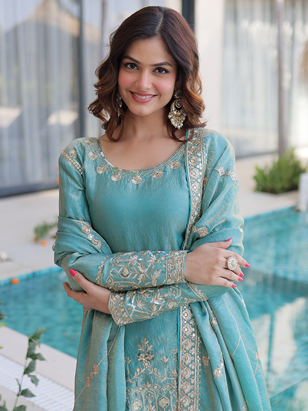 Sky Blue Sequins Embroidered Work Fendi Crush Sharara Suit With Dupatta