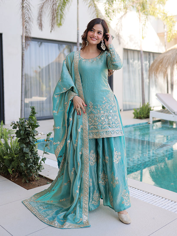 Sky Blue Sequins Embroidered Work Fendi Crush Sharara Suit With Dupatta