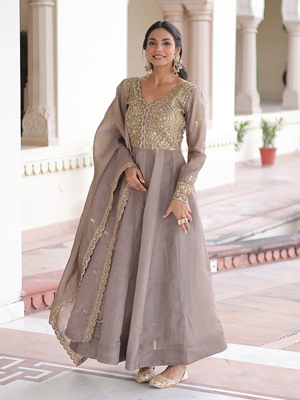 Grey Sequins Embroidered Work Gold Crush Gown With Dupatta