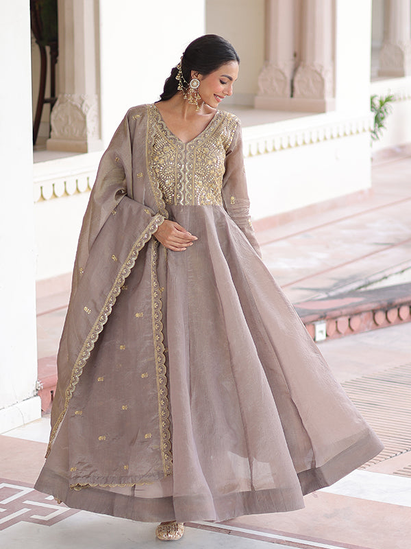 Grey Sequins Embroidered Work Gold Crush Gown With Dupatta