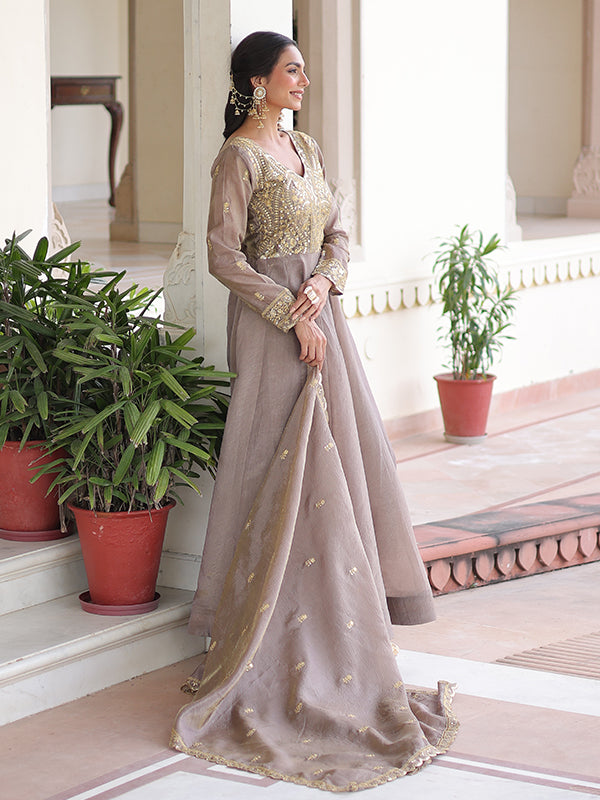 Grey Sequins Embroidered Work Gold Crush Gown With Dupatta