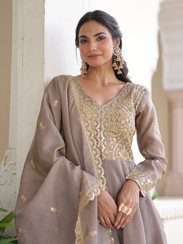 Grey Sequins Embroidered Work Gold Crush Gown With Dupatta