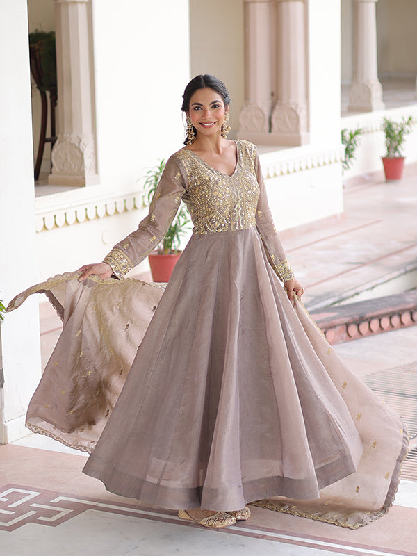 Grey Sequins Embroidered Work Gold Crush Gown With Dupatta