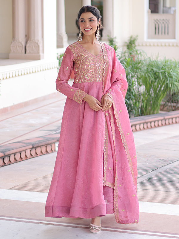 Pink Sequins Embroidered Work Gold Crush Gown With Dupatta