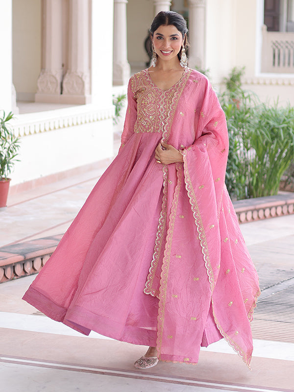 Pink Sequins Embroidered Work Gold Crush Gown With Dupatta
