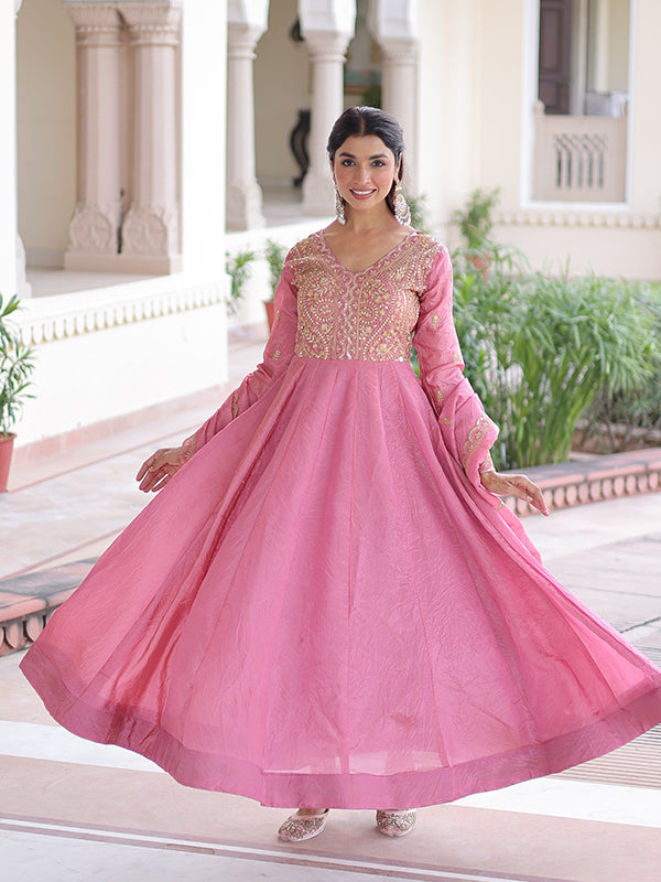 Pink Sequins Embroidered Work Gold Crush Gown With Dupatta