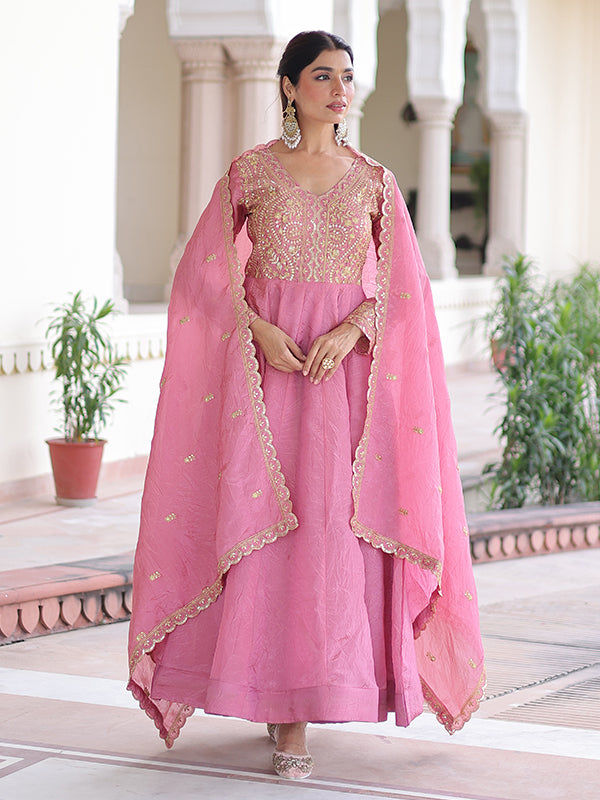 Pink Sequins Embroidered Work Gold Crush Gown With Dupatta