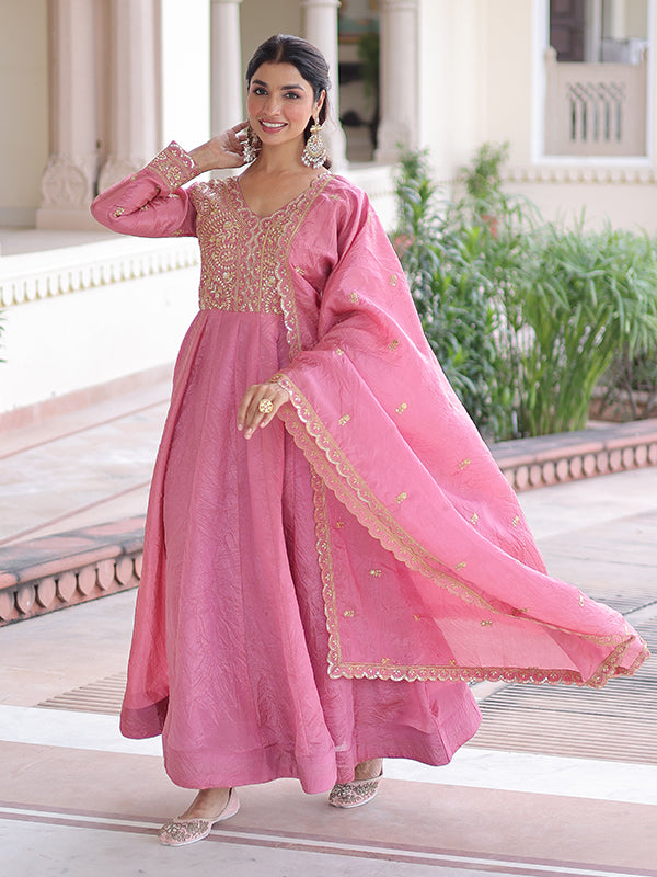 Pink Sequins Embroidered Work Gold Crush Gown With Dupatta