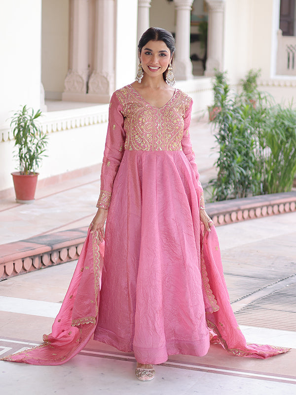 Pink Sequins Embroidered Work Gold Crush Gown With Dupatta