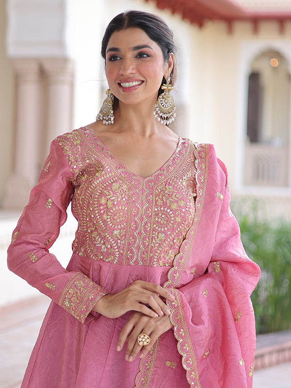 Pink Sequins Embroidered Work Gold Crush Gown With Dupatta