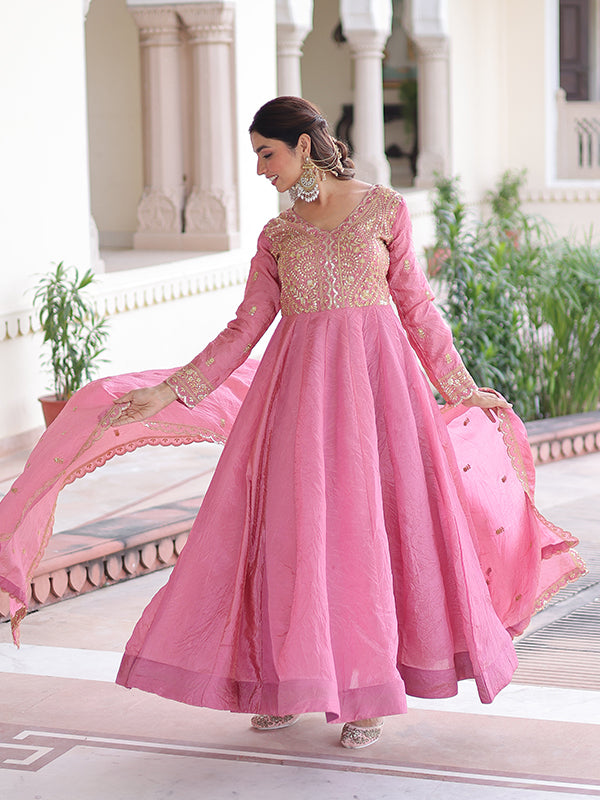 Pink Sequins Embroidered Work Gold Crush Gown With Dupatta