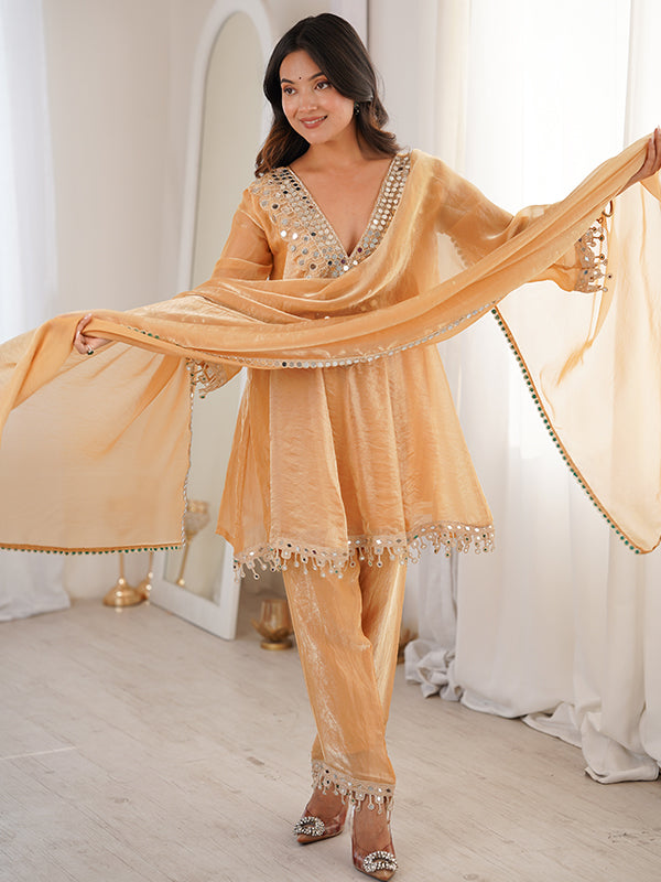 Beige Embroidered & Real Mirror Work Kurti Pant With Dupatta