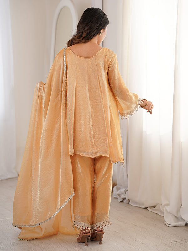 Beige Embroidered & Real Mirror Work Kurti Pant With Dupatta