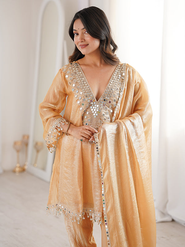 Beige Embroidered & Real Mirror Work Kurti Pant With Dupatta