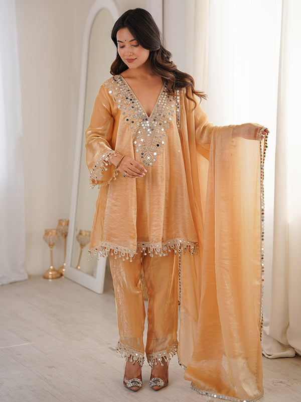 Beige Embroidered & Real Mirror Work Kurti Pant With Dupatta