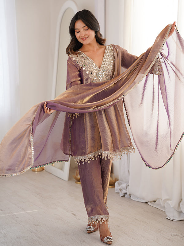 Mauve Pink Embroidered & Real Mirror Work Kurti Pant With Dupatta