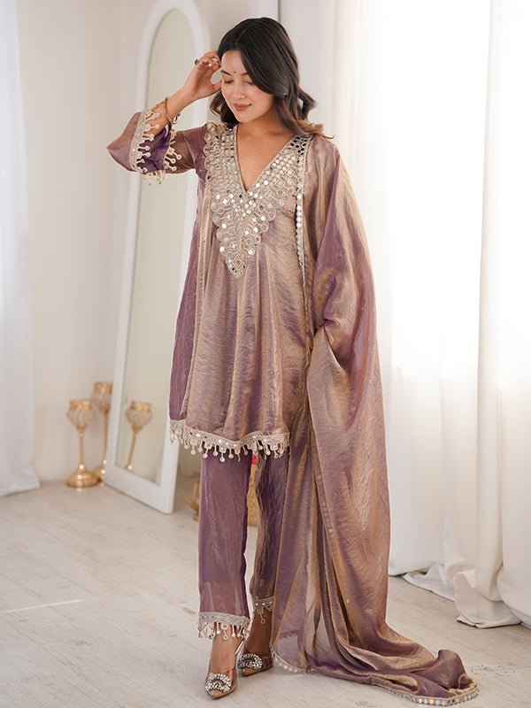 Mauve Pink Embroidered & Real Mirror Work Kurti Pant With Dupatta