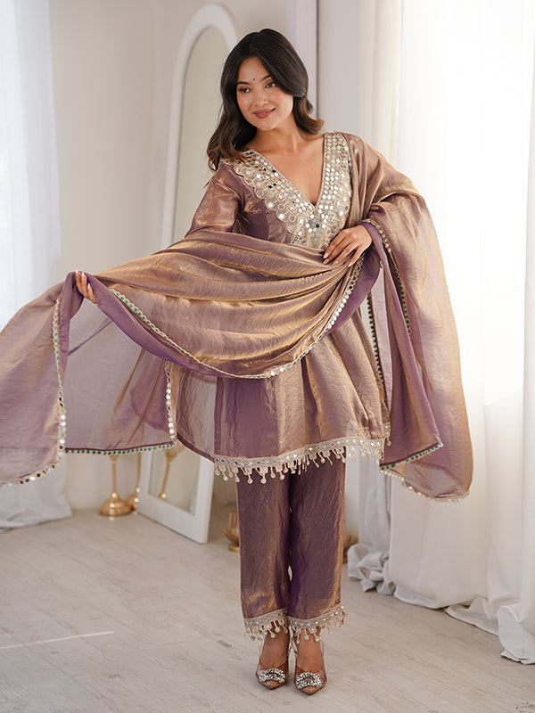 Mauve Pink Embroidered & Real Mirror Work Kurti Pant With Dupatta