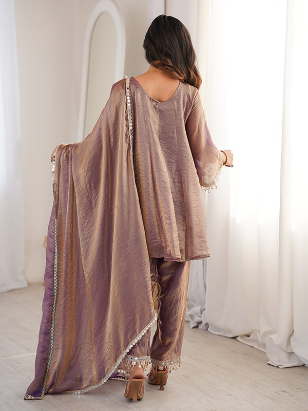 Mauve Pink Embroidered & Real Mirror Work Kurti Pant With Dupatta