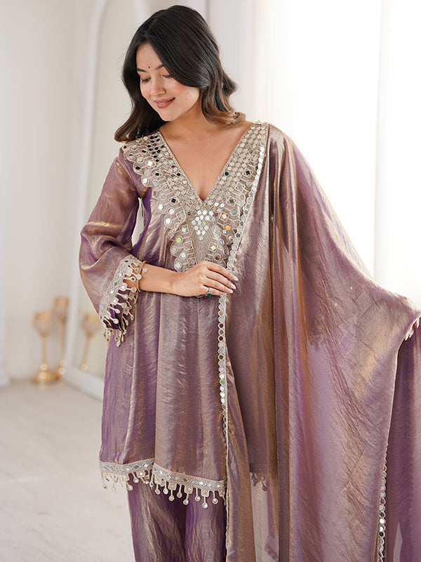 Mauve Pink Embroidered & Real Mirror Work Kurti Pant With Dupatta