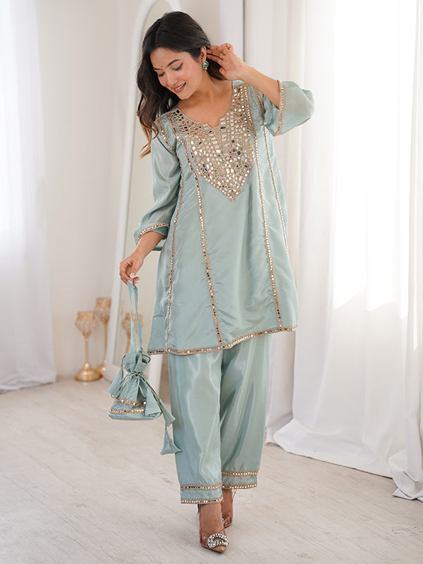 Sky Blue Luxe Mirror Work Co-ord Set