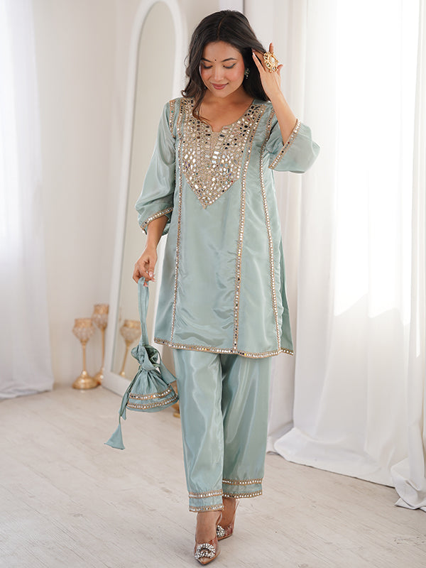 Sky Blue Luxe Mirror Work Co-ord Set