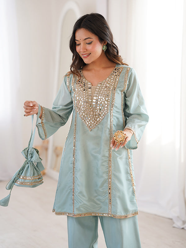 Sky Blue Luxe Mirror Work Co-ord Set