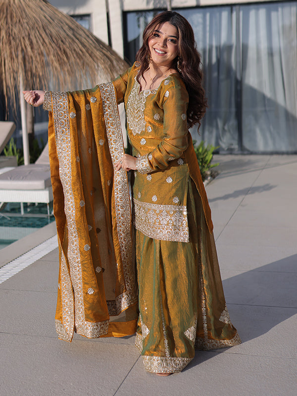 Mehndi Green Zari Sequins Work Fendi Chiffon Kurti Sharara With Dupatta
