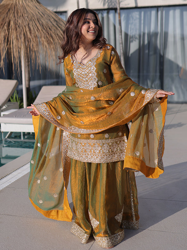 Mehndi Green Zari Sequins Work Fendi Chiffon Kurti Sharara With Dupatta
