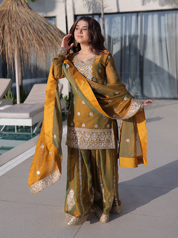 Mehndi Green Zari Sequins Work Fendi Chiffon Kurti Sharara With Dupatta