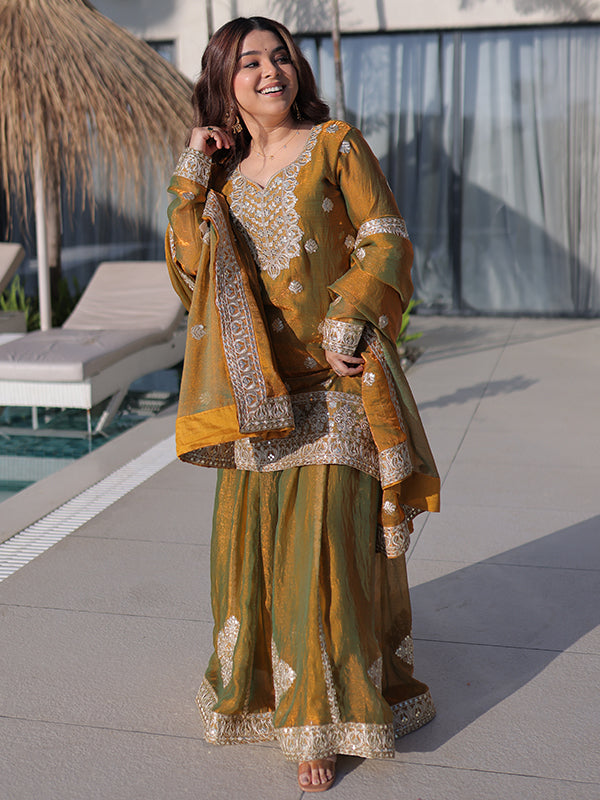 Mehndi Green Zari Sequins Work Fendi Chiffon Kurti Sharara With Dupatta