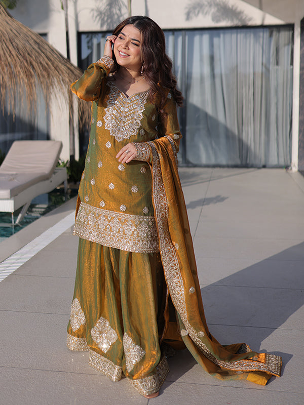 Mehndi Green Zari Sequins Work Fendi Chiffon Kurti Sharara With Dupatta
