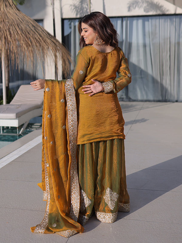 Mehndi Green Zari Sequins Work Fendi Chiffon Kurti Sharara With Dupatta