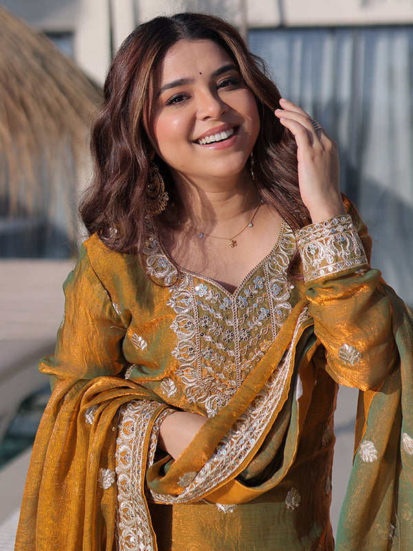 Mehndi Green Zari Sequins Work Fendi Chiffon Kurti Sharara With Dupatta