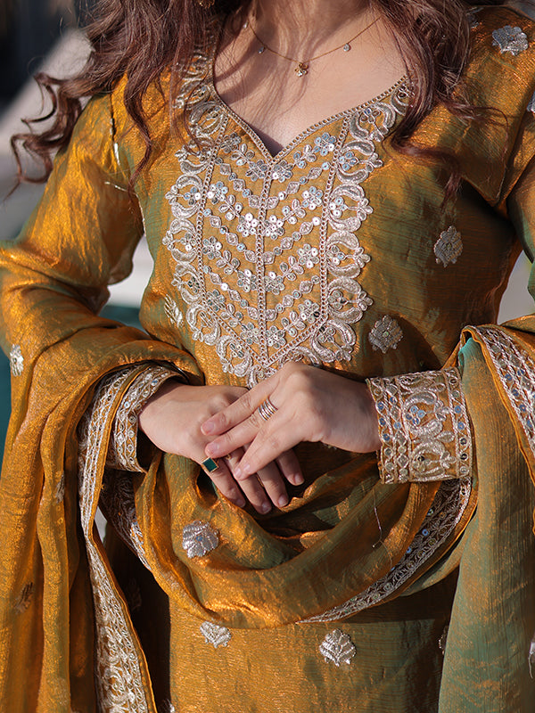 Mehndi Green Zari Sequins Work Fendi Chiffon Kurti Sharara With Dupatta