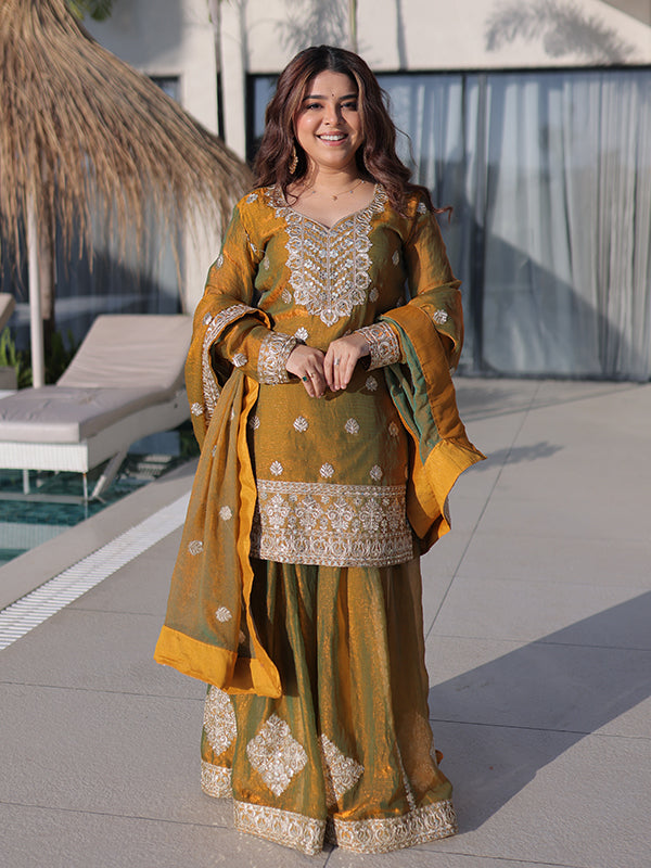 Mehndi Green Zari Sequins Work Fendi Chiffon Kurti Sharara With Dupatta