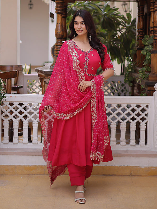 Pink Beads Embroidered work Mal Chanderi Gown With Dupatta